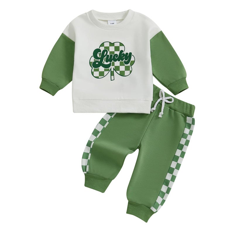 BemeyourBBs Toddler Baby Boy Fall Winter Clothes Funny Letter Long Sleeve Sweatshirt and Pants Set 2 Piece Sweatsuit Outfit (St Patricks Day Lucky, 12-18 Months) - Image 1