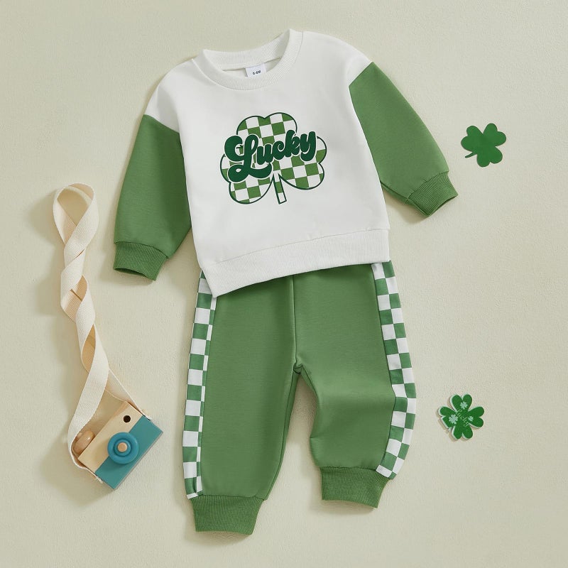 BemeyourBBs Toddler Baby Boy Fall Winter Clothes Funny Letter Long Sleeve Sweatshirt and Pants Set 2 Piece Sweatsuit Outfit (St Patricks Day Lucky, 12-18 Months) - Image 2