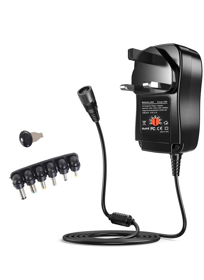 spa luxetique 30W Universal AC/DC, 3V 4.5V 6V 9V 12V Adapter with 6 Tips for Household Electronics (Plug Type: UK), black  - Image 1