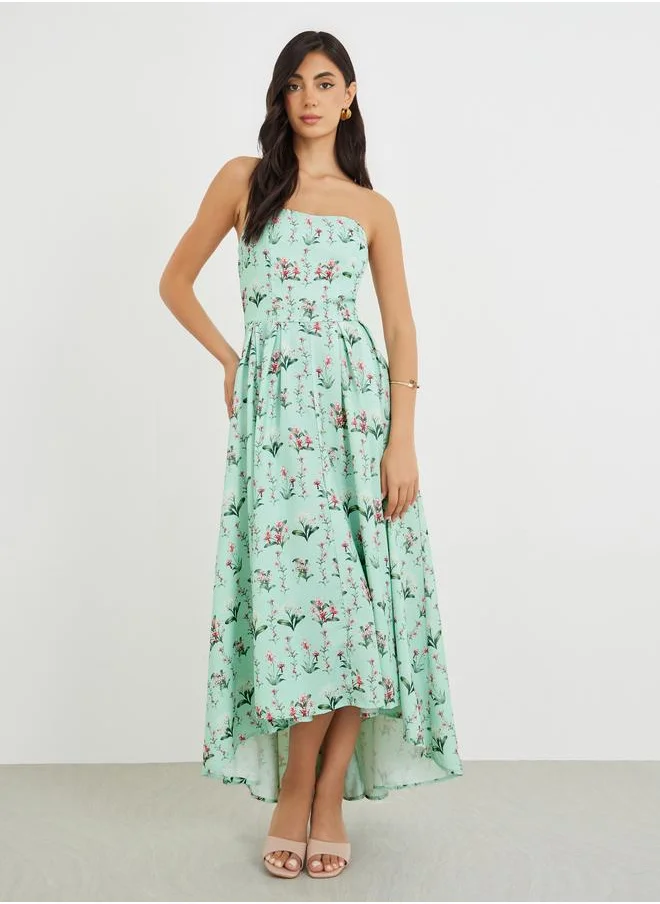 ستايلي Styli Floral Print Strapless A-Line Midi Dress with High Low Hem