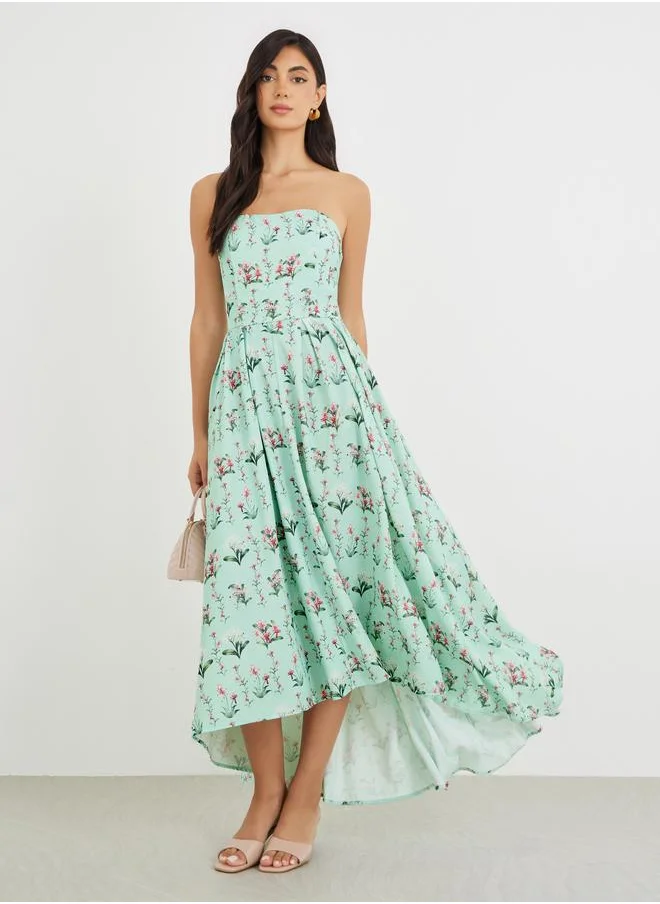 ستايلي Styli Floral Print Strapless A-Line Midi Dress with High Low Hem