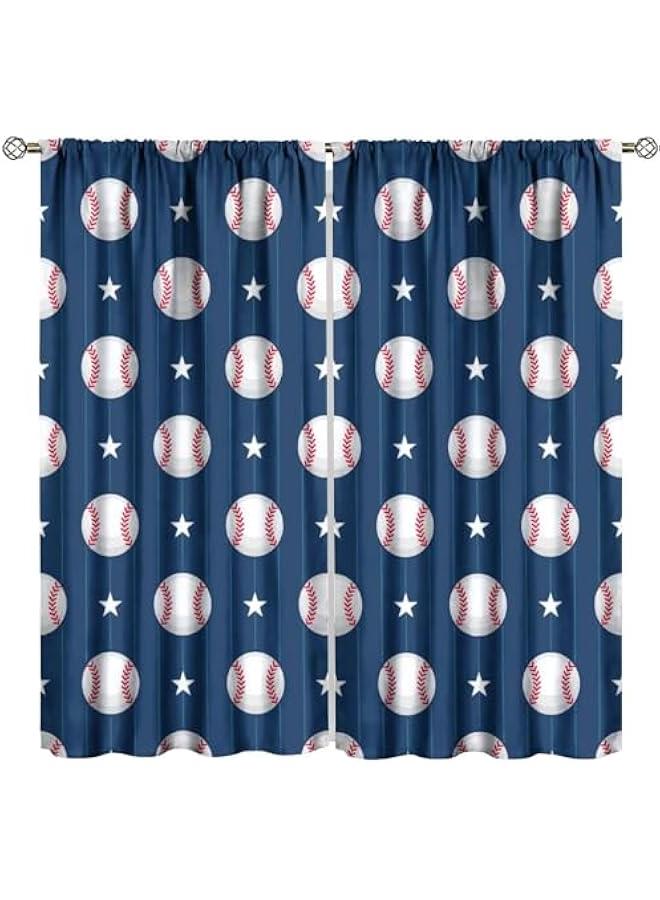 Baseball Curtains for Kids, Sports Theme Softball Ball Navy Blue Print Window Curtains for Boys Teens Bedroom Playroom Living Room 42 W X 45 L