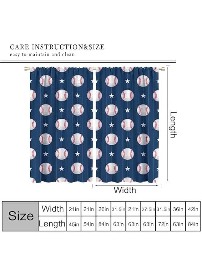 Baseball Curtains for Kids, Sports Theme Softball Ball Navy Blue Print Window Curtains for Boys Teens Bedroom Playroom Living Room 42 W X 45 L
