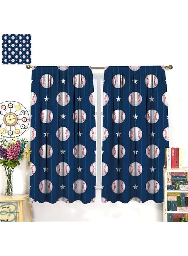 Baseball Curtains for Kids, Sports Theme Softball Ball Navy Blue Print Window Curtains for Boys Teens Bedroom Playroom Living Room 42 W X 45 L
