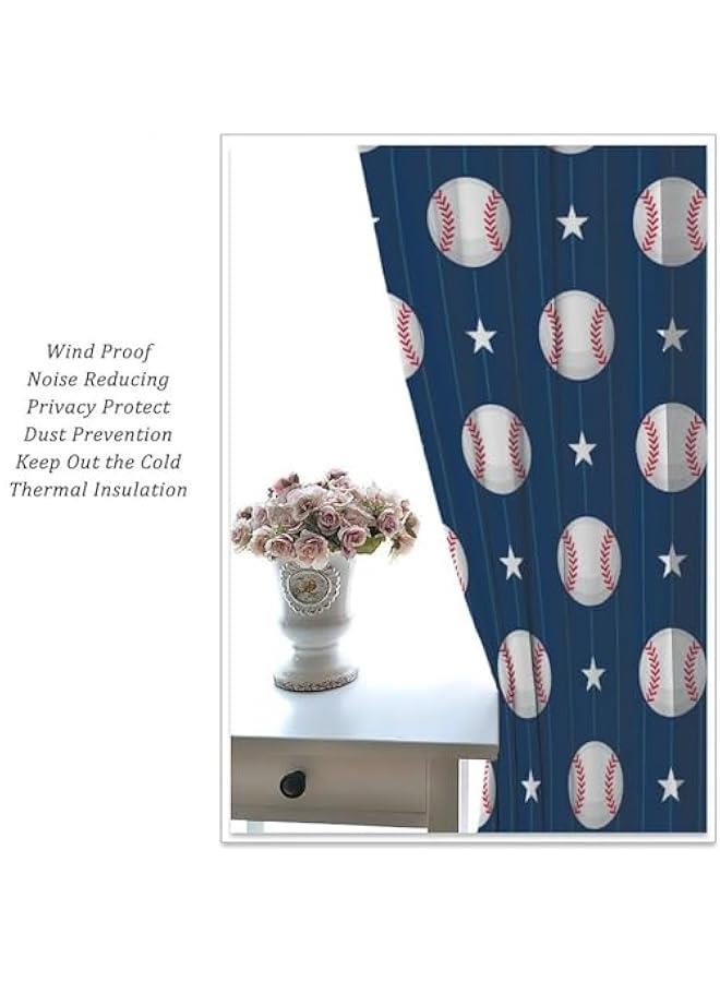 Baseball Curtains for Kids, Sports Theme Softball Ball Navy Blue Print Window Curtains for Boys Teens Bedroom Playroom Living Room 42 W X 45 L