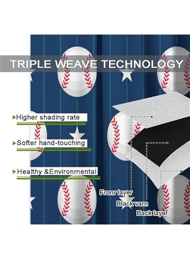 Baseball Curtains for Kids, Sports Theme Softball Ball Navy Blue Print Window Curtains for Boys Teens Bedroom Playroom Living Room 42 W X 45 L
