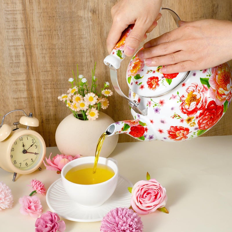 JOUTYFOR 2.6 Quart Floral Enamel Tea Kettle, Vintage Enameled Teapot Stovetop, Enamel on Steel Water Coffee Tea Pot with Ceramic Handle, Colorful Hot Water Kettle for Home Kitchen Decor, No Whistling - Image 5