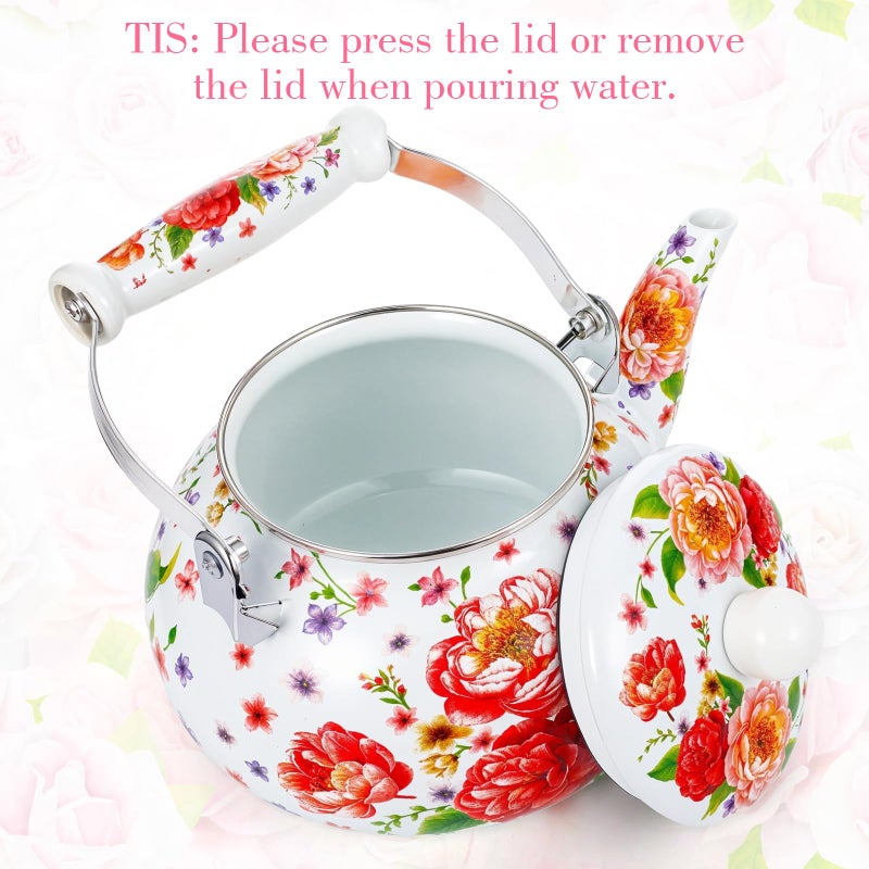 JOUTYFOR 2.6 Quart Floral Enamel Tea Kettle, Vintage Enameled Teapot Stovetop, Enamel on Steel Water Coffee Tea Pot with Ceramic Handle, Colorful Hot Water Kettle for Home Kitchen Decor, No Whistling - Image 3