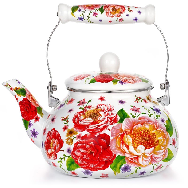 JOUTYFOR 2.6 Quart Floral Enamel Tea Kettle, Vintage Enameled Teapot Stovetop, Enamel on Steel Water Coffee Tea Pot with Ceramic Handle, Colorful Hot Water Kettle for Home Kitchen Decor, No Whistling - Image 1