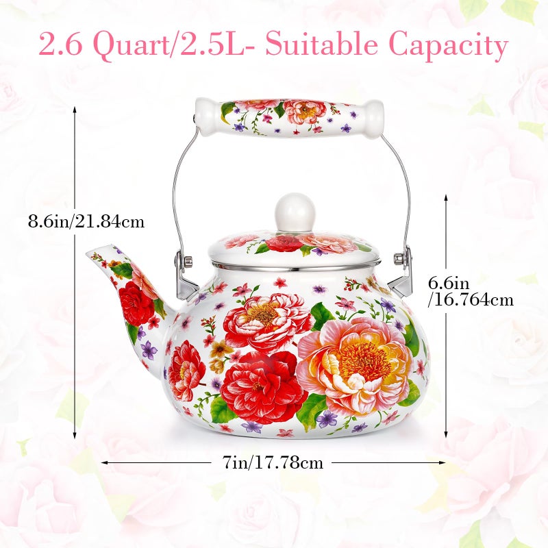 JOUTYFOR 2.6 Quart Floral Enamel Tea Kettle, Vintage Enameled Teapot Stovetop, Enamel on Steel Water Coffee Tea Pot with Ceramic Handle, Colorful Hot Water Kettle for Home Kitchen Decor, No Whistling - Image 2