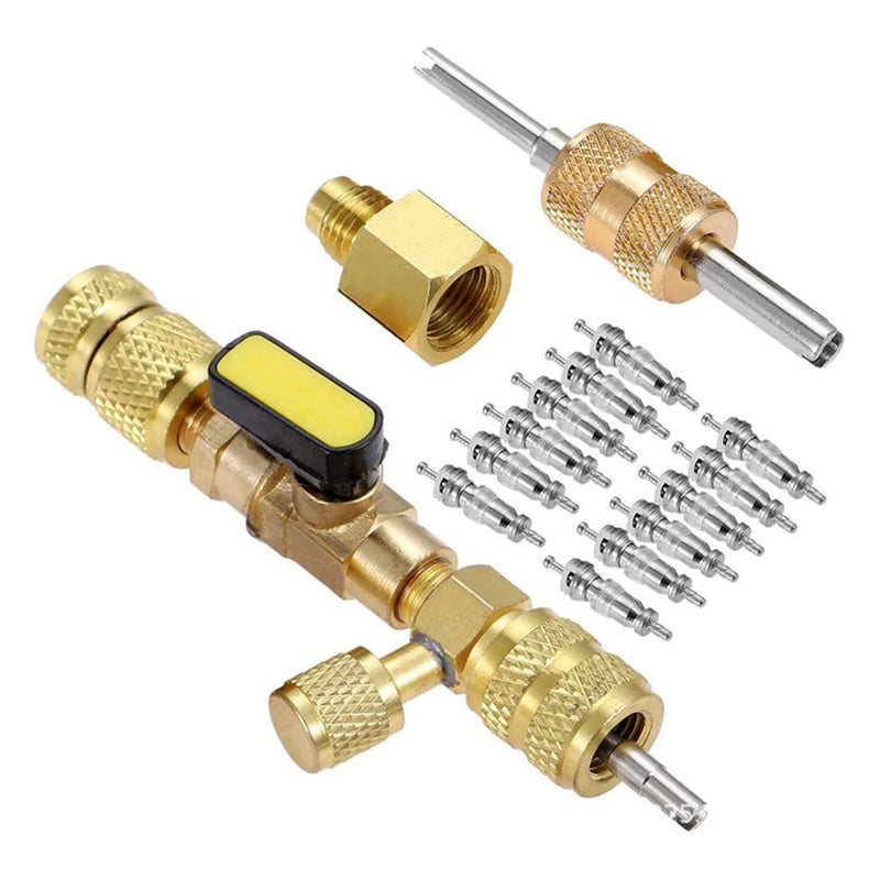 Valve Core Remover Installer Tool: Solid Brass Gold Dual Size SAE 1/4 & 5/16 Inch Port - Anti-slip Knurling Design, Fluorine & Heat Resistant, Rust-proof for HVAC Auto Refrigerant Systems - Image 1