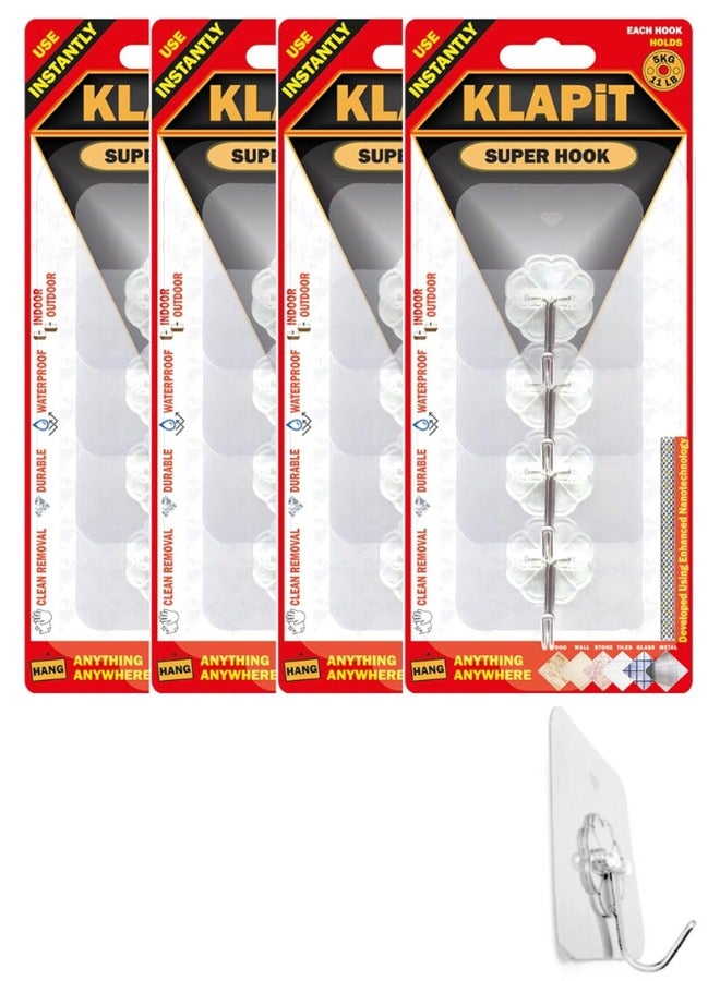 KLAPiT KLAPiT Super Hook Heavy Duty Adhesive, Holds 11 Pounds or 5Kg Weight, Waterproof and Damage Free for Wall, Tile, Wood, Stone, Glass, Metal, Made of Steel (Clear, 16 pc)  - Image 1