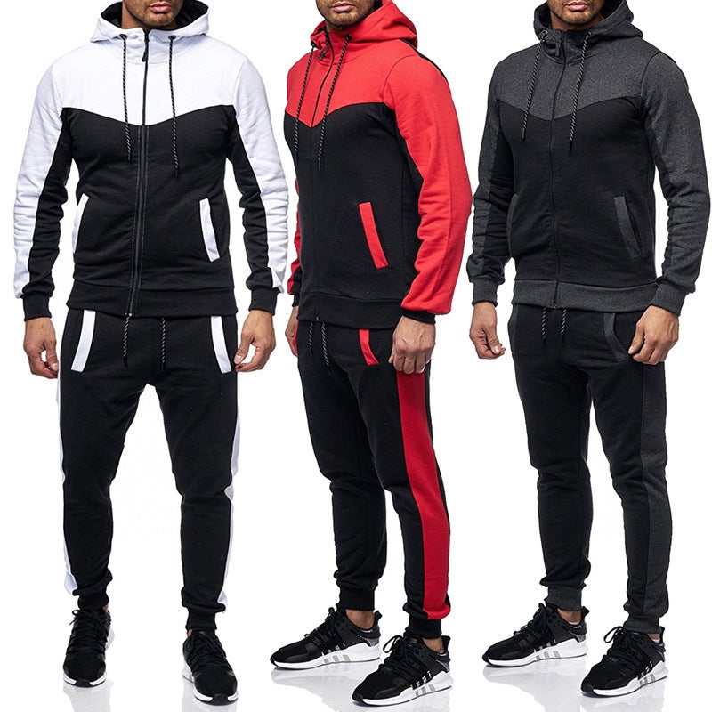 McCarbon Men's Hooded Zip-Up Tracksuit Set, Colour Block Design for Running and Casual - Image 1