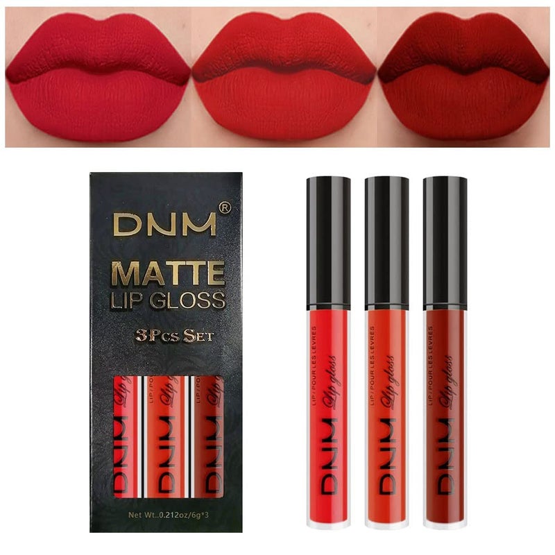 evpct DNM 3Pcs Dark Ruby Fire Red Matte Liquid Lipstick Lip Stain Lipgloss sets for Women 24 Hour Red Matte Lipstick Long Lasting Smudge Proof