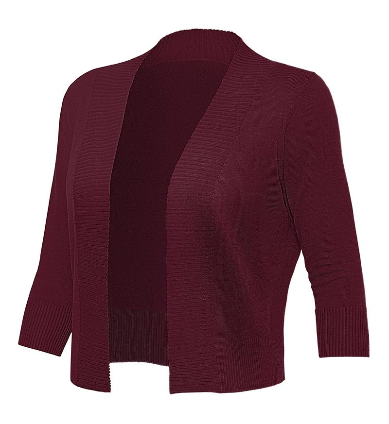 GoMamee Women's Cropped Cardigans Sweaters 3/4 Sleeve Jackets Open Front Short Shrugs, Burgundy S - Image 5