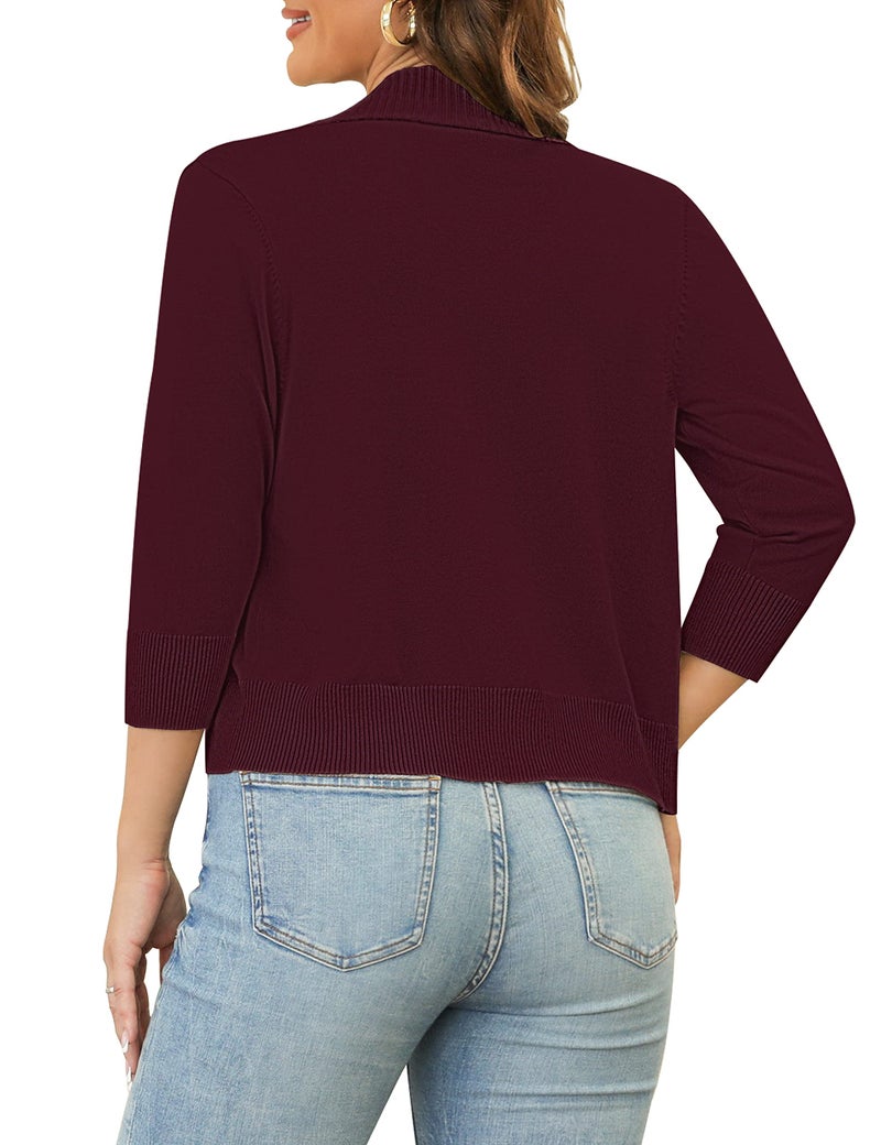 GoMamee Women's Cropped Cardigans Sweaters 3/4 Sleeve Jackets Open Front Short Shrugs, Burgundy S - Image 2