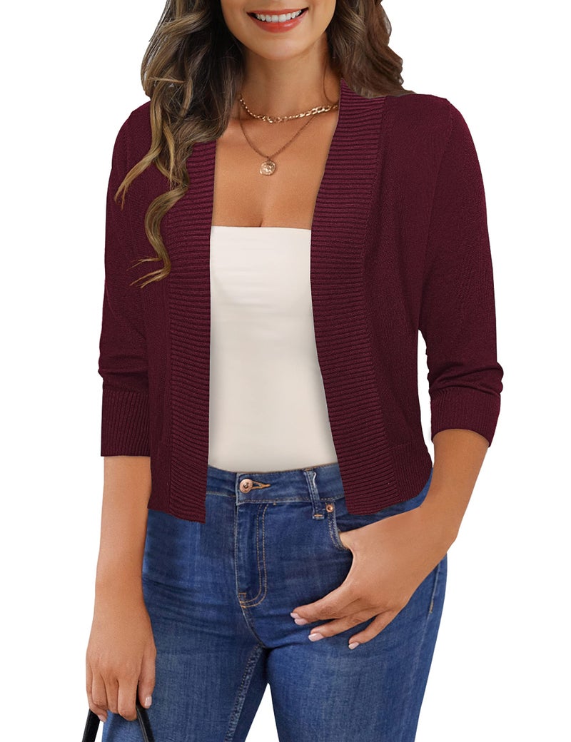 GoMamee Women's Cropped Cardigans Sweaters 3/4 Sleeve Jackets Open Front Short Shrugs, Burgundy S - Image 1