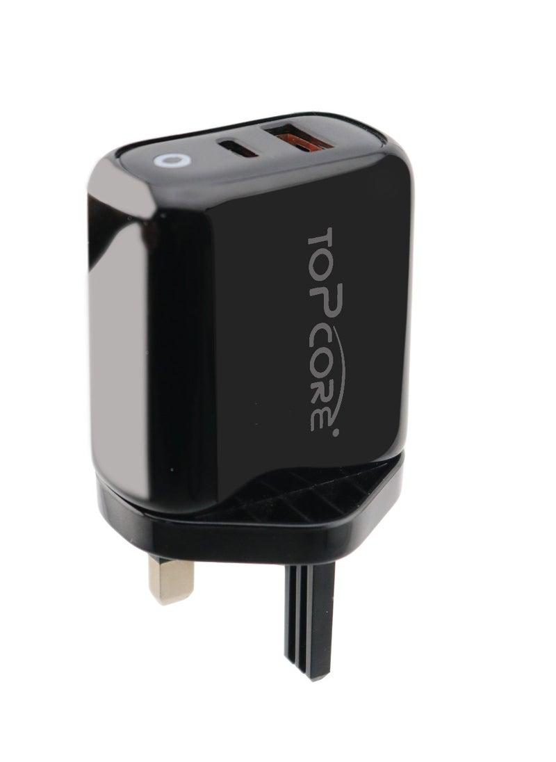 Topcore 20W Type C Dual Port Wall Charger Travel Power Adapter - UK Plug Black  - Image 1
