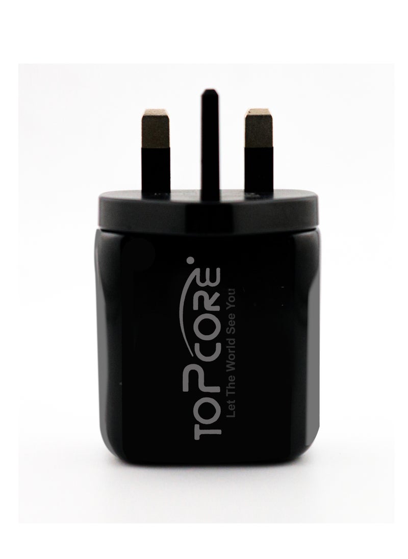 Topcore 20W Type C Dual Port Wall Charger Travel Power Adapter - UK Plug Black  - Image 2