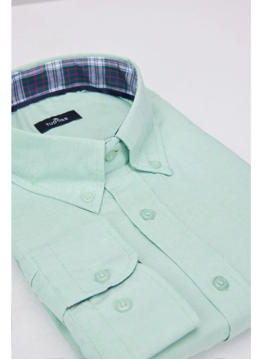 Tudors Men's Large Size Comfortable Cut Cotton Easy-Iron Button Collar Plain Mint Sports Shirt