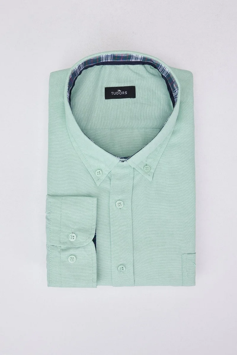 تودورس Men's Large Size Comfortable Cut Cotton Easy-Iron Button Collar Plain Mint Sports Shirt