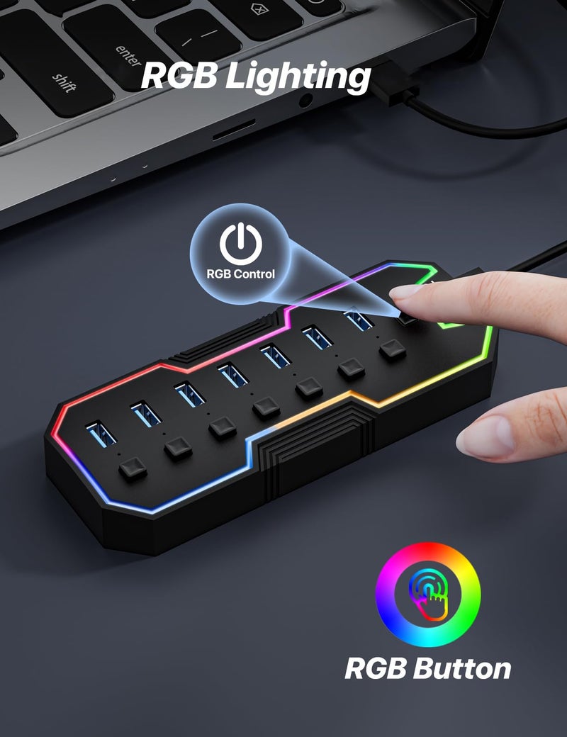 ZIUMIER USB 3.0 Hub,7 Ports USB Expander with RGB LED Strip,USB Hub for Laptop,Individual LED On/Off Switches for Mac, PC, Desktop, Flash Drive, Mobile HDD - Image 3