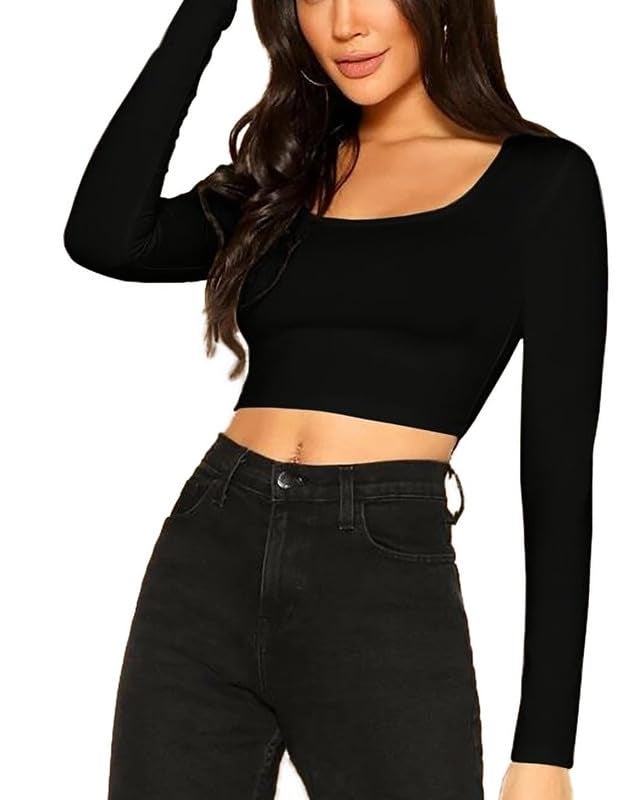 THE BLAZZE Women Cotton Comfy Stretchable Scoop Oval Neck Long Sleeve Crop Top T-Shirt for Girls L2656 1059 (M, BLK) - Image 2