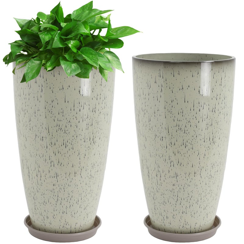 Neoaider Set of 2 Lightweight Ceramic-Look Tall Planter, 21 inch Large Plastic Planter with Drain Hole & Saucers, Large Outdoor Planters for Porch, Garden, Patio, Balcony(Glaze Beige) - Image 1