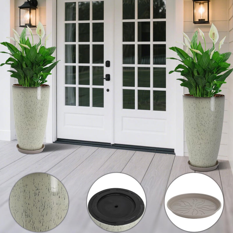 Neoaider Set of 2 Lightweight Ceramic-Look Tall Planter, 21 inch Large Plastic Planter with Drain Hole & Saucers, Large Outdoor Planters for Porch, Garden, Patio, Balcony(Glaze Beige) - Image 4