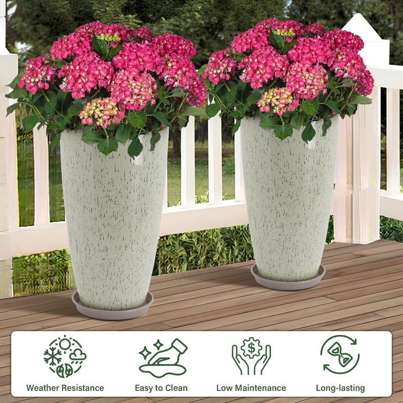 Neoaider Set of 2 Lightweight Ceramic-Look Tall Planter, 21 inch Large Plastic Planter with Drain Hole & Saucers, Large Outdoor Planters for Porch, Garden, Patio, Balcony(Glaze Beige) - Image 2