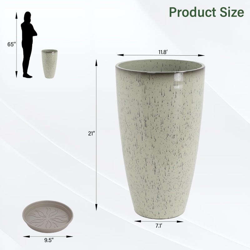 Neoaider Set of 2 Lightweight Ceramic-Look Tall Planter, 21 inch Large Plastic Planter with Drain Hole & Saucers, Large Outdoor Planters for Porch, Garden, Patio, Balcony(Glaze Beige) - Image 3