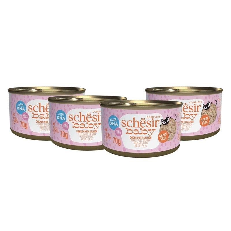 Schesir Baby Kitten Wholefood - Chicken & Salmon in Broth, 70g Natural Grain-Free Wet Food High Protein Gentle on Stomach Growth & Immunity Support for Kittens (Pack of 4) - Image 1