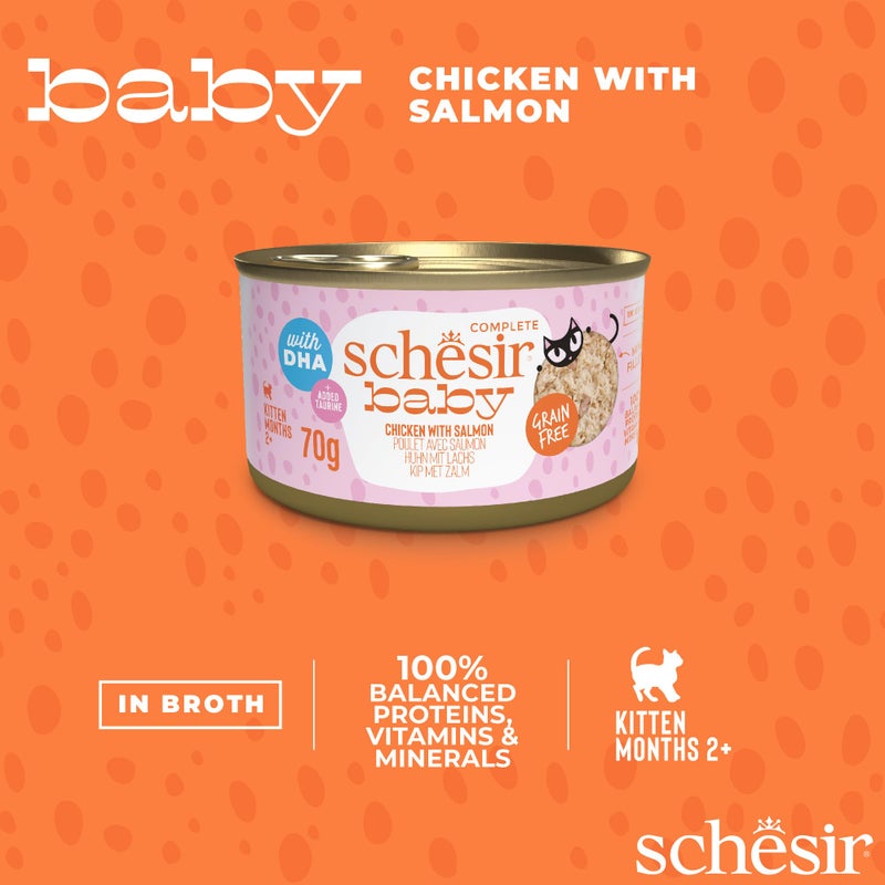 Schesir Baby Kitten Wholefood - Chicken & Salmon in Broth, 70g Natural Grain-Free Wet Food High Protein Gentle on Stomach Growth & Immunity Support for Kittens (Pack of 4) - Image 2
