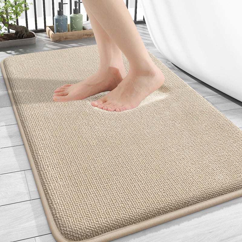 OLANLY Thick Memory Foam Bath Mat Rug 30x20 Extra Soft Absorbent Bathroom Rug Quick Dry Bath Mats NonSlip Machine Washable Carpet for Bathroom Tub and Shower Home Decor Accessories Beige