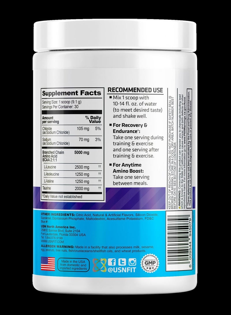 USN مسحوق USN BCAA Amino Plus للتعافي والقدرة على التحمل، التوت الأزرق، 30 حصة 273 جم - Image 2