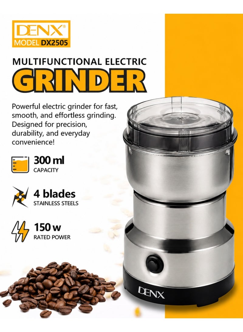 Denx DX2505 Multifunctional Electric Grinder 150W, 300ml Stainless Steel Coffee & Spice Grinder with 4 Stainless Steel Blades, One-Touch Operation, Dry Food Grinder for Coffee Beans, Spices, Nuts & Herbs, 1 Year Warranty - Image 2
