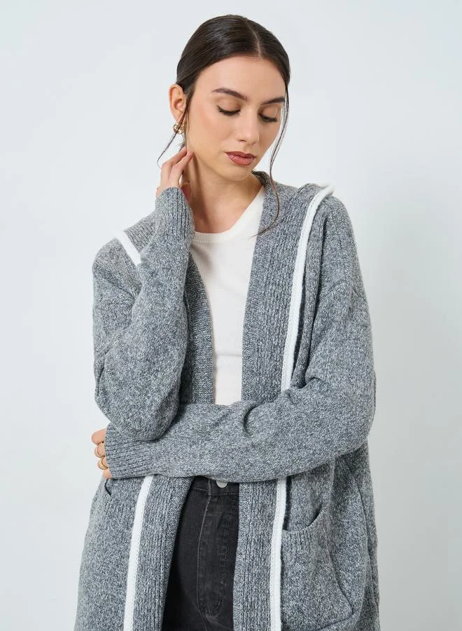 Grey Hooded Front Open Midi Cardigan