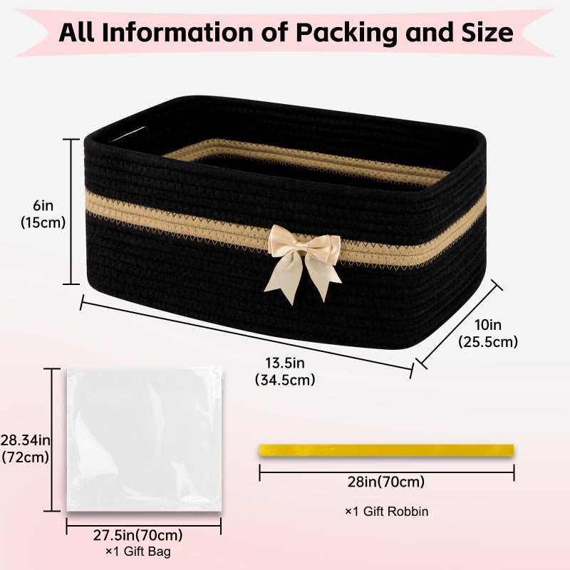 OIAHOMY Large Woven Storage Basket with Handles for Nursery Living Room Shelves, Bow Basket for Gifts Empty with Gift Bags and Ribbons for Baby Showers Pet Toy Bin - Black - Image 2
