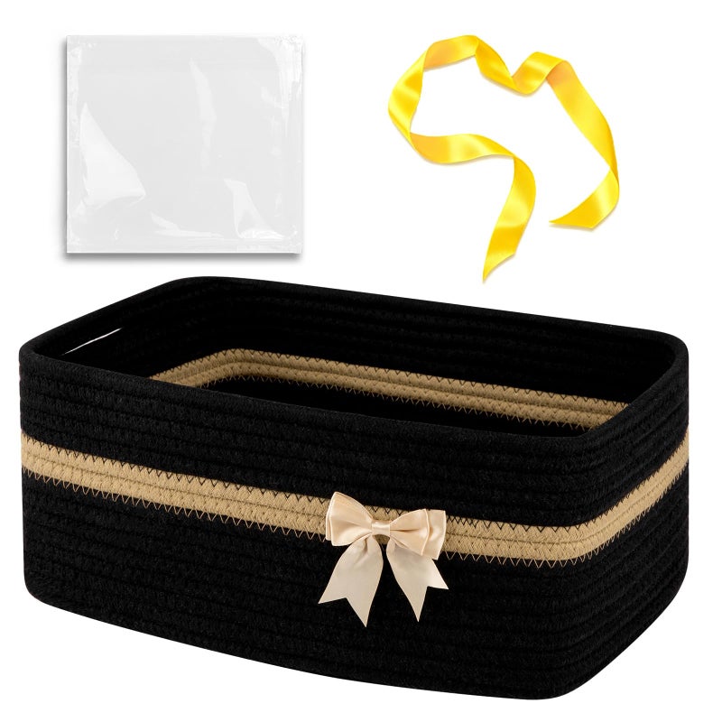 OIAHOMY Large Woven Storage Basket with Handles for Nursery Living Room Shelves, Bow Basket for Gifts Empty with Gift Bags and Ribbons for Baby Showers Pet Toy Bin - Black - Image 1