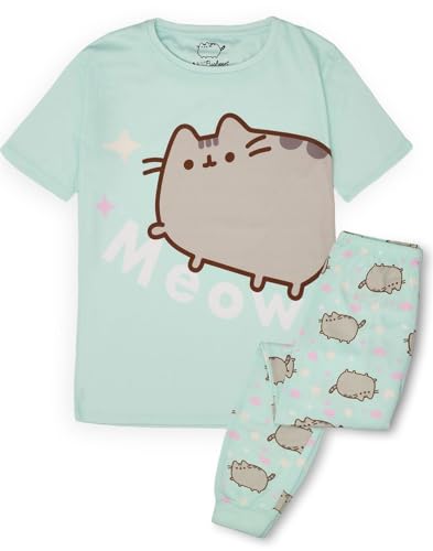 Pusheen طقم بيجامة بنات بوشين | ملابس استرخاء خضراء للشابات تي شيرت وسروال مطبوع بالكامل | بيجامة قطة الإنترنت - Image 2