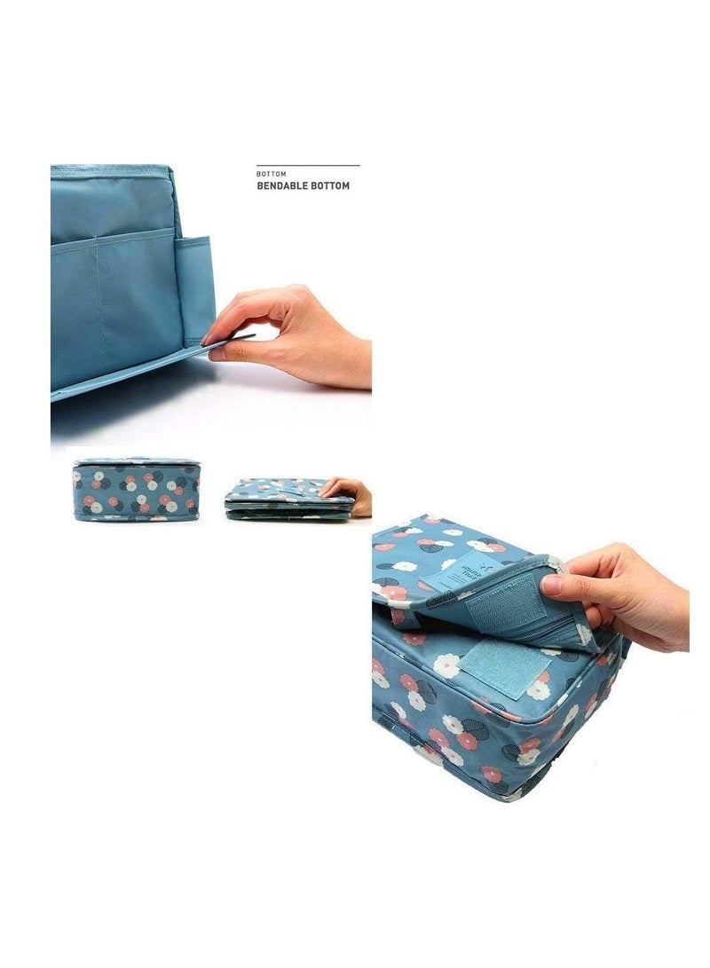 بلومنغ تايم حقيبة أدوات الزينة متعددة الوظائف حقيبة مستحضرات التجميل حقيبة مستحضرات تجميل محمولة حقيبة منظم للسفر ومضادة للماء للنساء والفتيات والزهور الزرقاء - Image 4