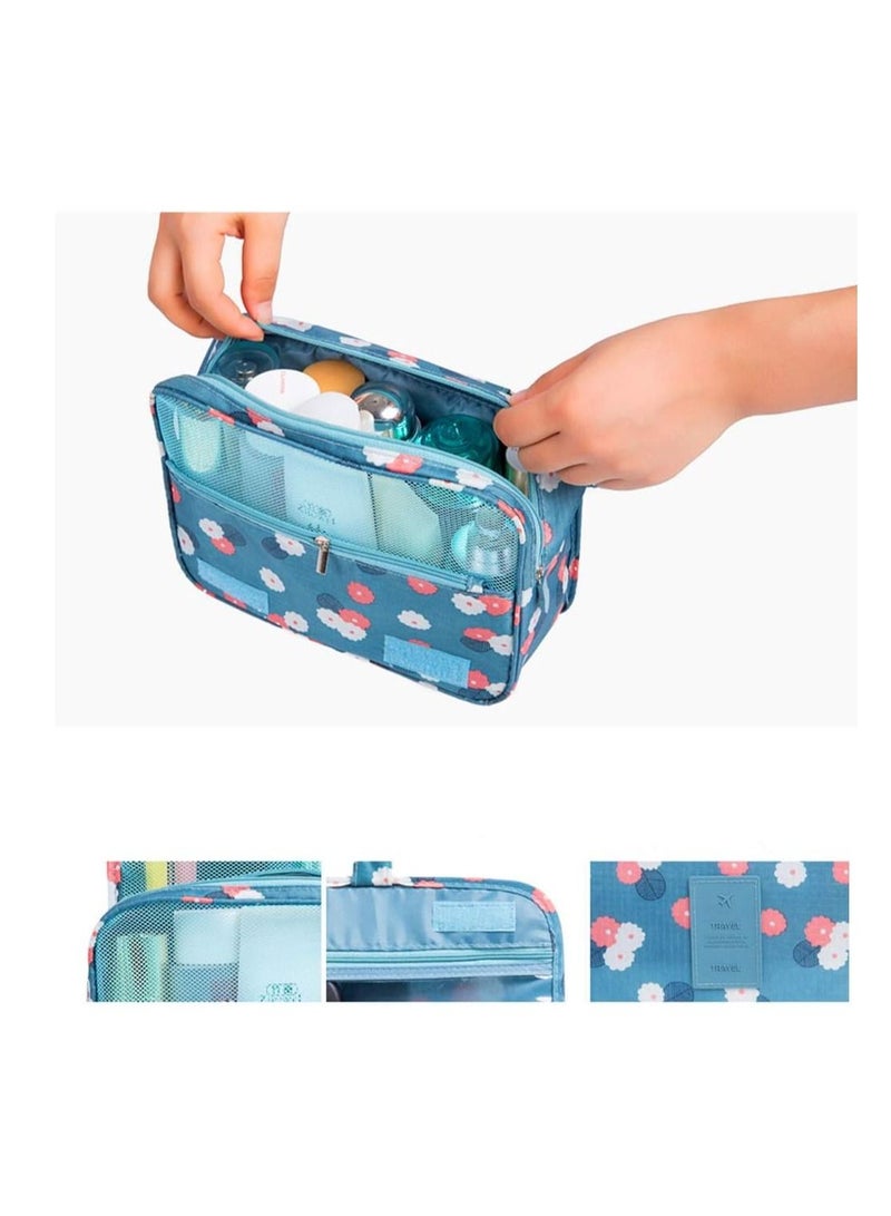 بلومنغ تايم حقيبة أدوات الزينة متعددة الوظائف حقيبة مستحضرات التجميل حقيبة مستحضرات تجميل محمولة حقيبة منظم للسفر ومضادة للماء للنساء والفتيات والزهور الزرقاء - Image 3