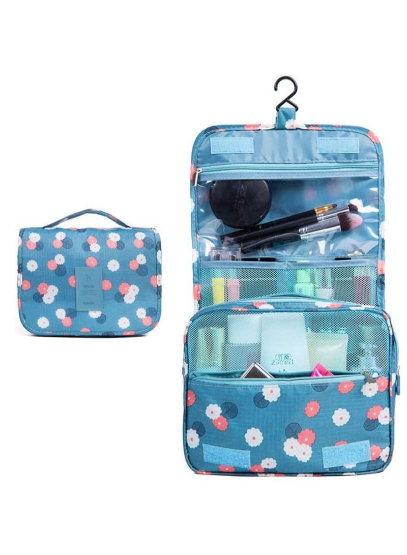بلومنغ تايم حقيبة أدوات الزينة متعددة الوظائف حقيبة مستحضرات التجميل حقيبة مستحضرات تجميل محمولة حقيبة منظم للسفر ومضادة للماء للنساء والفتيات والزهور الزرقاء - Image 2