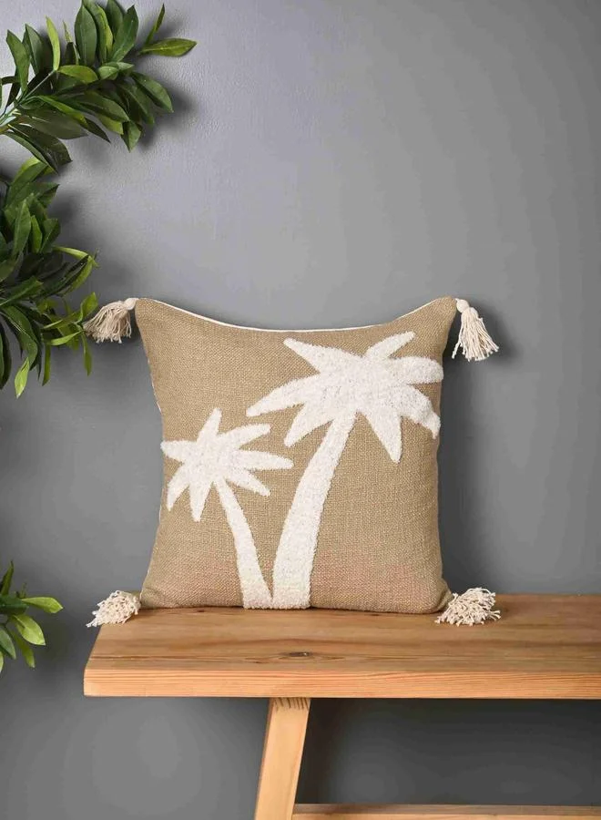 Sanskrutihomes Beige Truffted Coconut Tree Design Cushion Cover, Large