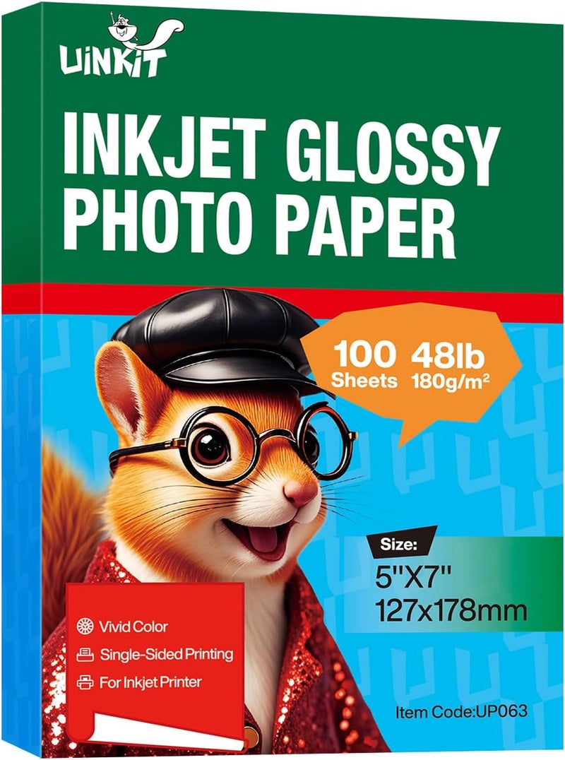 Uinkit Premium Glossy Inkjet Photo Paper - 5x7 Inch, 48lb 180gsm, 100 Sheets - Professional Photographic Quality, Dye Ink Compatible, High-Gloss Finish for Stunning Portraits & Art Prints - Image 1
