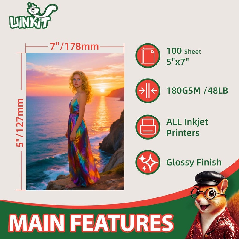 Uinkit Premium Glossy Inkjet Photo Paper - 5x7 Inch, 48lb 180gsm, 100 Sheets - Professional Photographic Quality, Dye Ink Compatible, High-Gloss Finish for Stunning Portraits & Art Prints - Image 2