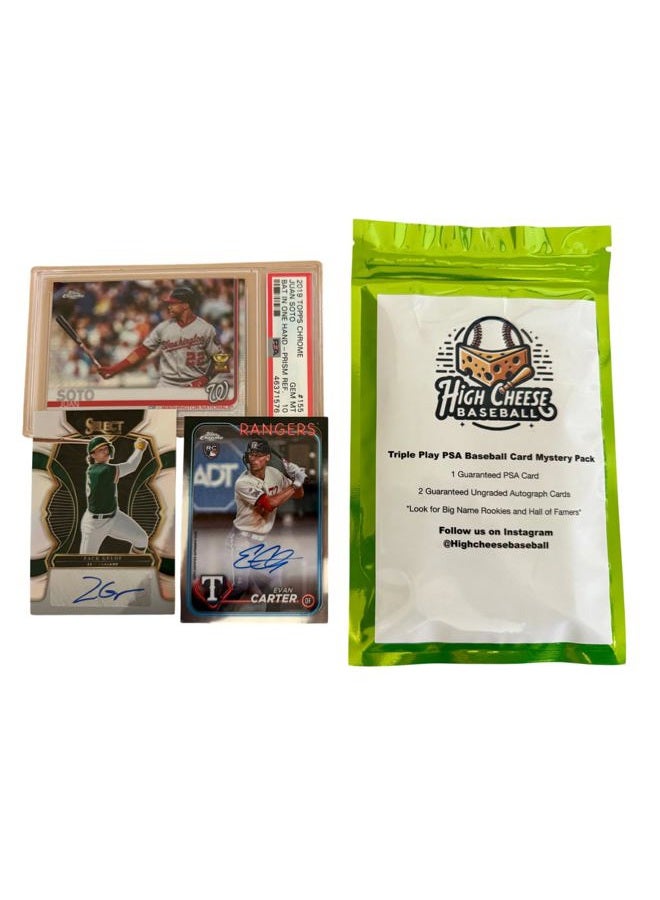 High Cheese Baseball Triple Play Mystery Pack with 1 PSA Graded Card, 2 Autographed Baseball Cards - Image 1