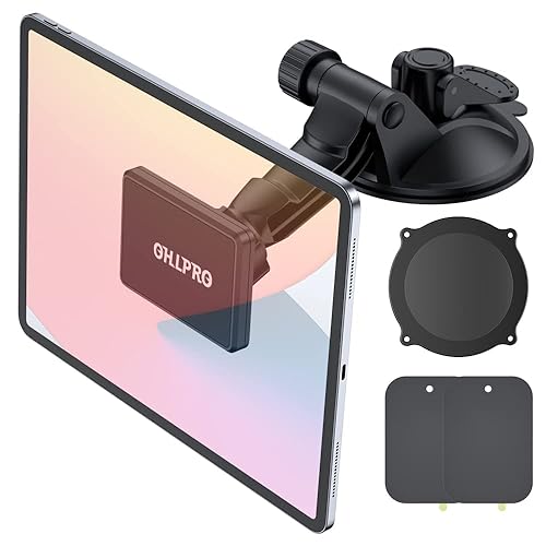 OHLPRO Dashboard Magnetic Tablet Holder for Car, Windshield iPad Car Phone Suction Cup Mount with Magnets, for All 6"-11" Apple Phones iPad Samsung Galaxy Tab Tablet, 360° Rotation, Black - Image 1