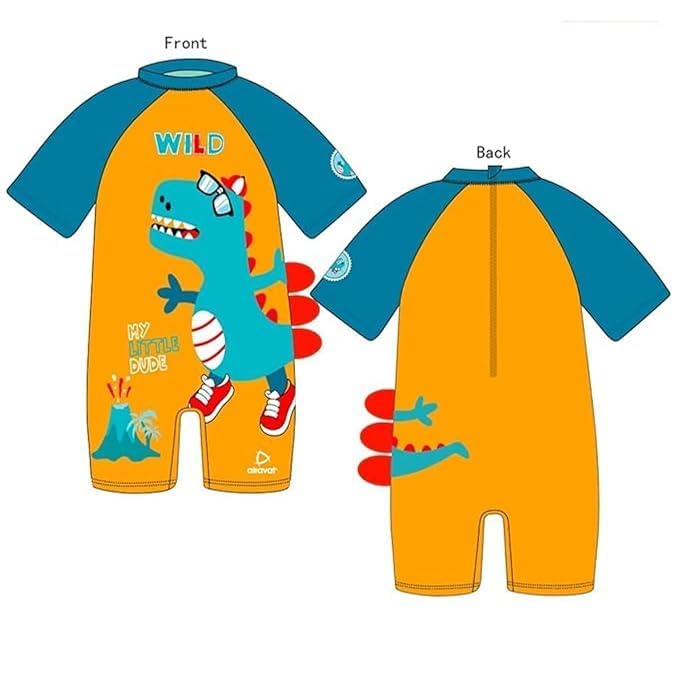 KRESHU One-Piece Baby Kids Swimwear Suit Set Zipper Bathing Half Sleeves Swimming Costume Wild Dinosaur Beach Wear Outdoor Water Sports Skating for Toddler Baby Girls Boys (Blue, 2-Years) - Image 2