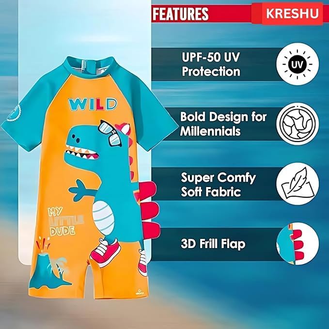 KRESHU One-Piece Baby Kids Swimwear Suit Set Zipper Bathing Half Sleeves Swimming Costume Wild Dinosaur Beach Wear Outdoor Water Sports Skating for Toddler Baby Girls Boys (Blue, 2-Years) - Image 5